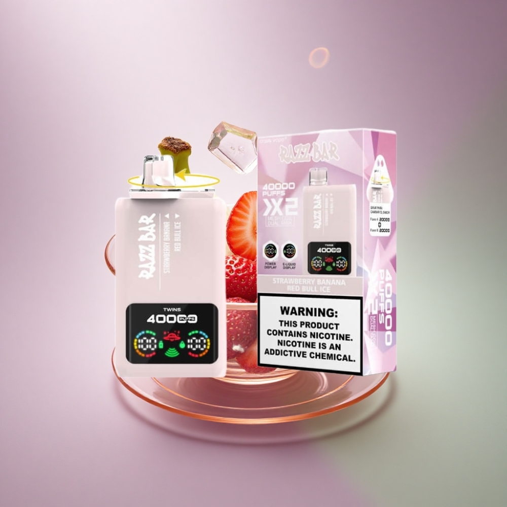 Razz Bar 40000 Puffs Mansikka Banaani - 1.0Ohm 2 Mesh Coil 650 mAh 5% Nicotine - Red Bull Ice